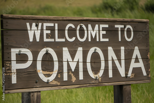 Rustic Wooden Sign Welcoming Visitors to Pomona California in the United States with Vintage Typography and Natural Texture photo