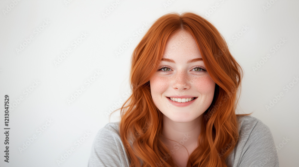 A closeup portrait of a happy, attractive young woman with long wavy red hair and freckles, wearing a stylish t-shirt, smiling brightly against a clean white background. happy woma A closeup portrait of a happy, attractive young woman with long wavy red hair and freckles, wearing a stylish t-shirt, smiling brightly against a clean white background. happy woma