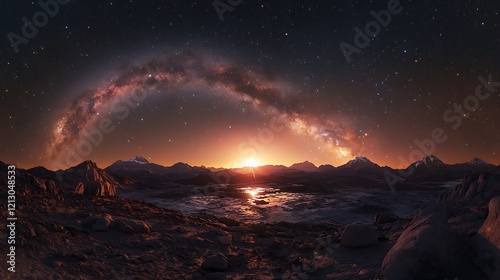 Panoramic star-filled sky with a glowing galaxy spreading across the cosmos