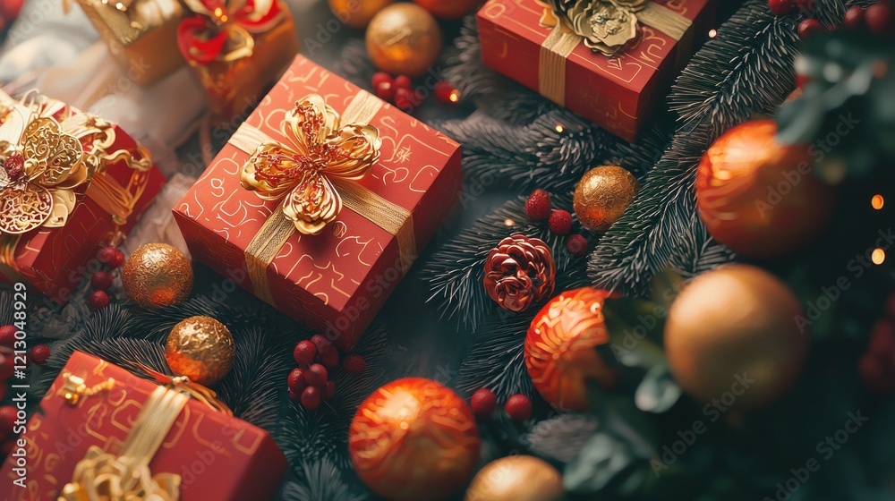 Naklejka premium Red and gold Christmas gifts, ornaments, and pine branches on a table.