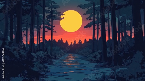 Forest River Sunset Large Yellow Sun Landscape