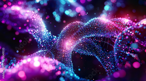 Close-up of genetic manipulation using AI-controlled tools, vibrant glowing DNA structures