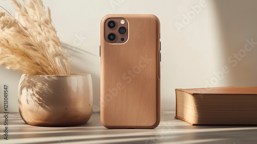 Mockup of a smarthone with a wooden case on a table photo