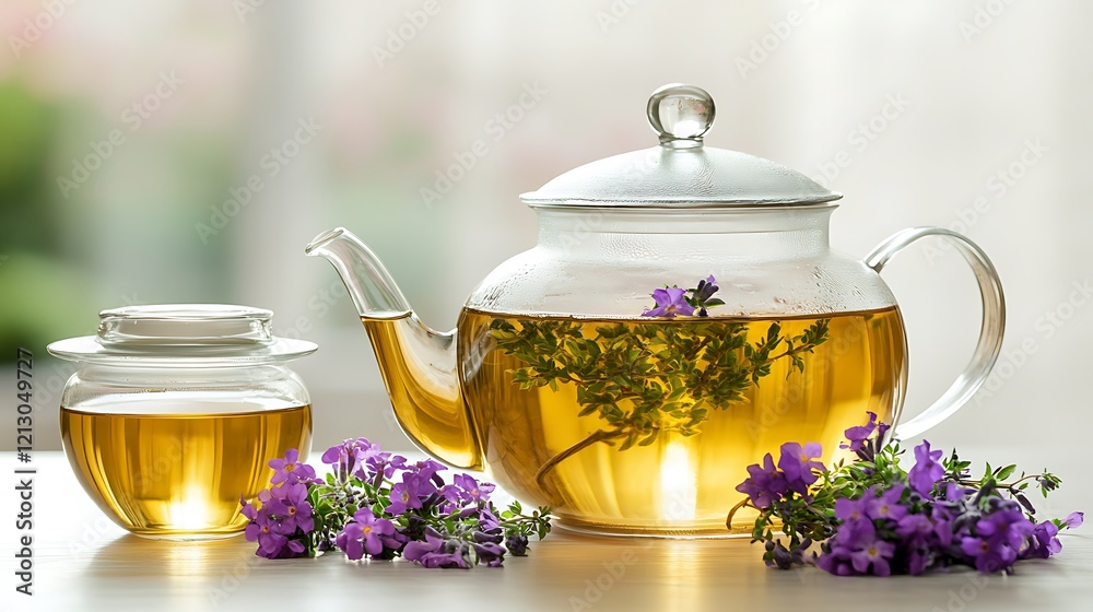 Glass Teapot and Cups with Herbal Tea and Flowers