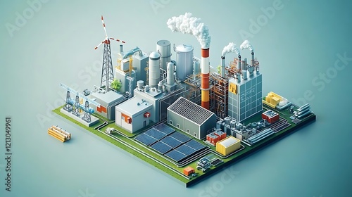Isometric view of a modern industrial complex utilizing renewable and non-renewable energy sources.