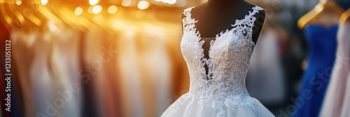 Elegant Wedding Gown Display - A stunning white lace wedding dress displayed on a mannequin, surrounded by other gowns in a bridal shop. photo