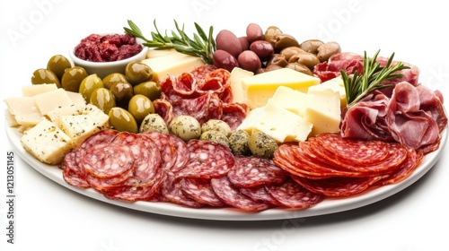 A platter of charcuterie featuring a variety of cured meats, cheeses, and olives