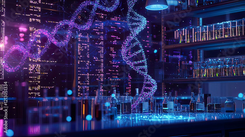 Genetic engineering lab with floating holographic DNA strands, illuminated by vibrant molecular data photo