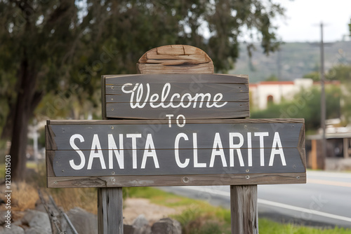 Rustic Wooden Sign Welcoming Visitors to Santa Clarita California with Scenic Mountain Backdrop and Warm Inviting Text
