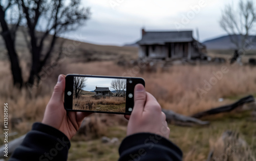 Person is holding a cell phone and taking a picture of a house