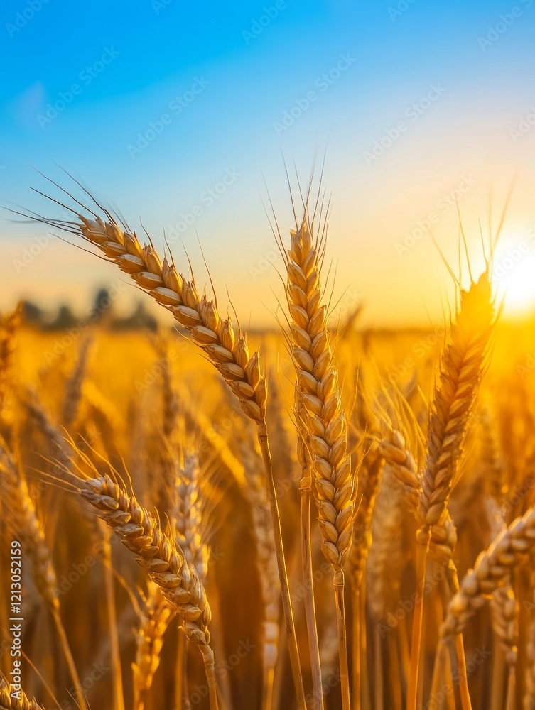 Golden Wheat Field at Sunset - Ripe wheat stalks bathed in the warm glow of a setting sun, showcasing the beauty of harvest season.