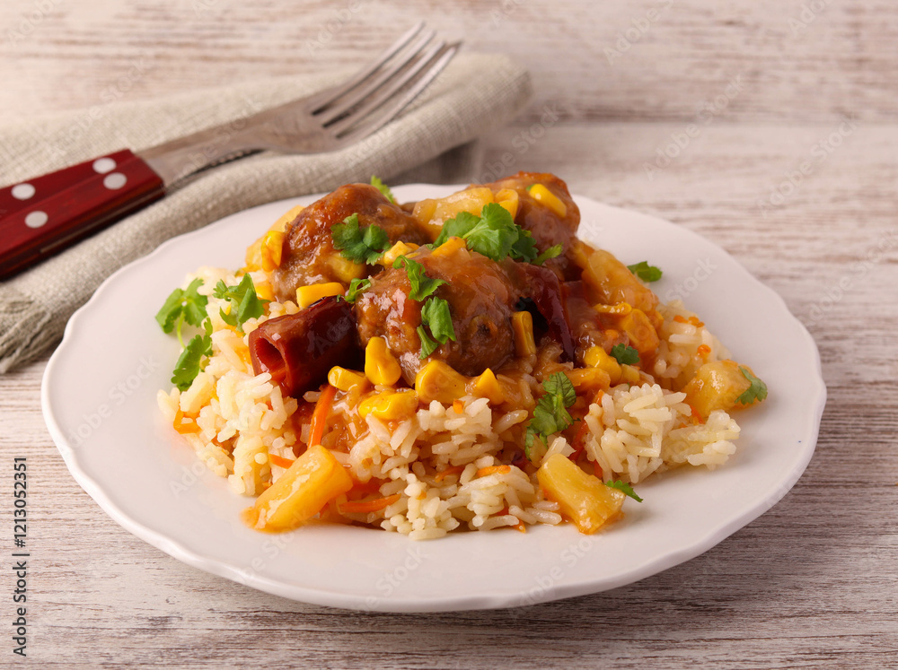 Sweet and sour meatballs with pineapple, corn and pepper Sweet and sour meatballs with pineapple, corn and pepper