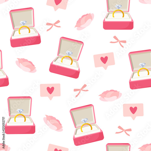 Marriage seamless pattern with proposal ring, hearts, flowers and bows for St. Valentine's Day holiday.	