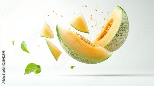 Juicy Cantaloupe Melon Slices in Air - Fresh cantaloupe melon slices and leaves levitate against a white background, showcasing the fruit's vibrant color and juicy texture.