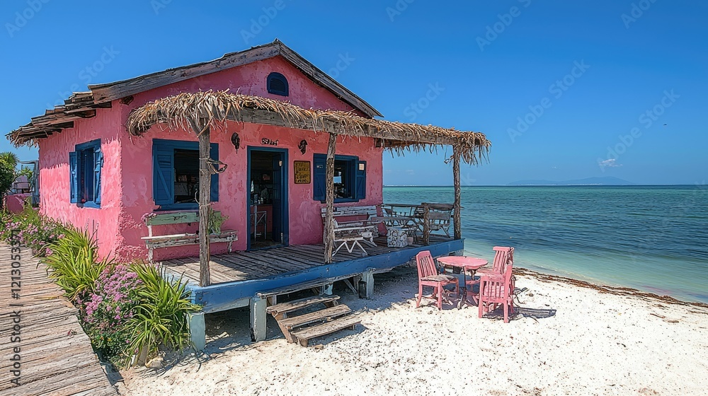 Obraz premium Pink Beachfront Cottage Offers Refreshments and Ocean Views