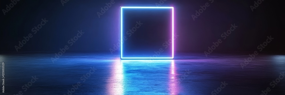 Neon Square Reflection - Glowing neon square frame with blue and purple lights reflecting on a dark wet floor. Perfect for futuristic or abstract designs. Neon Square Reflection - Glowing neon square frame with blue and purple lights reflecting on a dark wet floor. Perfect for futuristic or abstract designs.