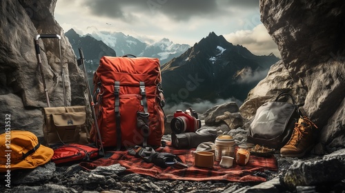 Mountain Hideaway:  A vibrant red backpack and essential camping gear rest in a rocky alcove, overlooking a majestic mountain range. The scene evokes adventure, exploration.