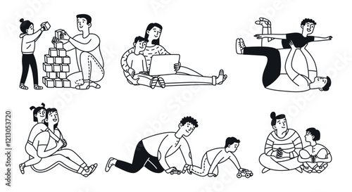 Doodle set parents and children spending time together. Happy mom and dad playing with daughters and sons. Vector illustration