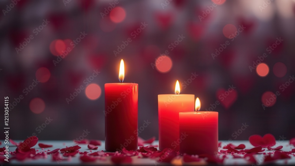 Romantic background with candles and rose petals.