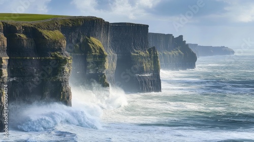 Cliffs of Moher Stormy Seas: The majestic Cliffs of Moher stand defiant against a tumultuous Atlantic Ocean, crashing waves and dramatic skies create a breathtaking spectacle of nature's raw power.  