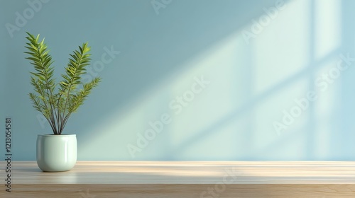 Serene Plant on Wooden Table - A single plant in a light blue pot sits on a light wood surface against a pale blue wall, bathed in soft sunlight. Minimalist and peaceful.
