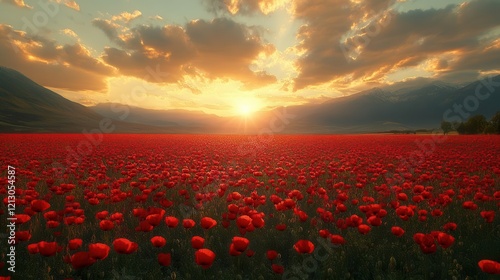 dramatic landscape of crimson poppies swaying in golden afternoon light stretching endlessly toward horizon under dramatic cloudscape photo