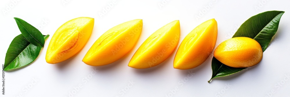 Sliced Yellow Fruit with Leaves - Four slices of vibrant yellow fruit arranged alongside a whole fruit and green leaves on a white background.