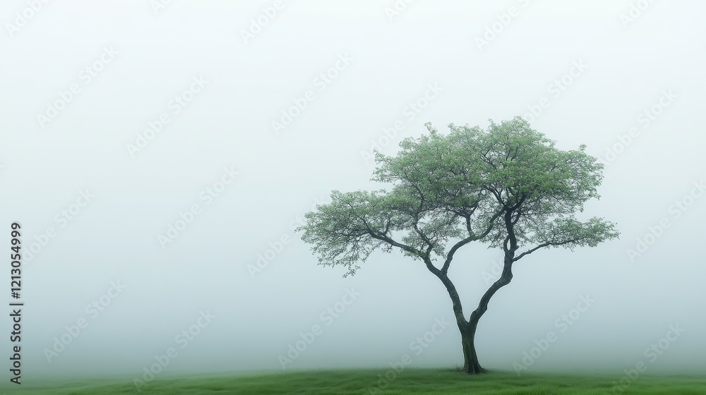 Fototapeta premium Solitary Tree in Morning Mist - Serene, peaceful, solitary tree shrouded in mist, symbolizes resilience, hope, and mystery. A tranquil scene of nature's beauty.