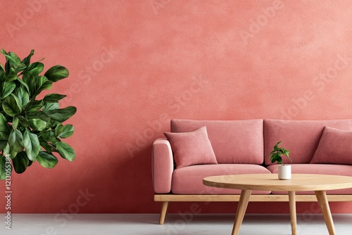 Stylish Pink Sofa Lounge Interior with Wooden Coffee Table - Modern, minimalist living room design.  Pink sofa, wooden coffee table, coral wall, green plant, cozy atmosphere. photo