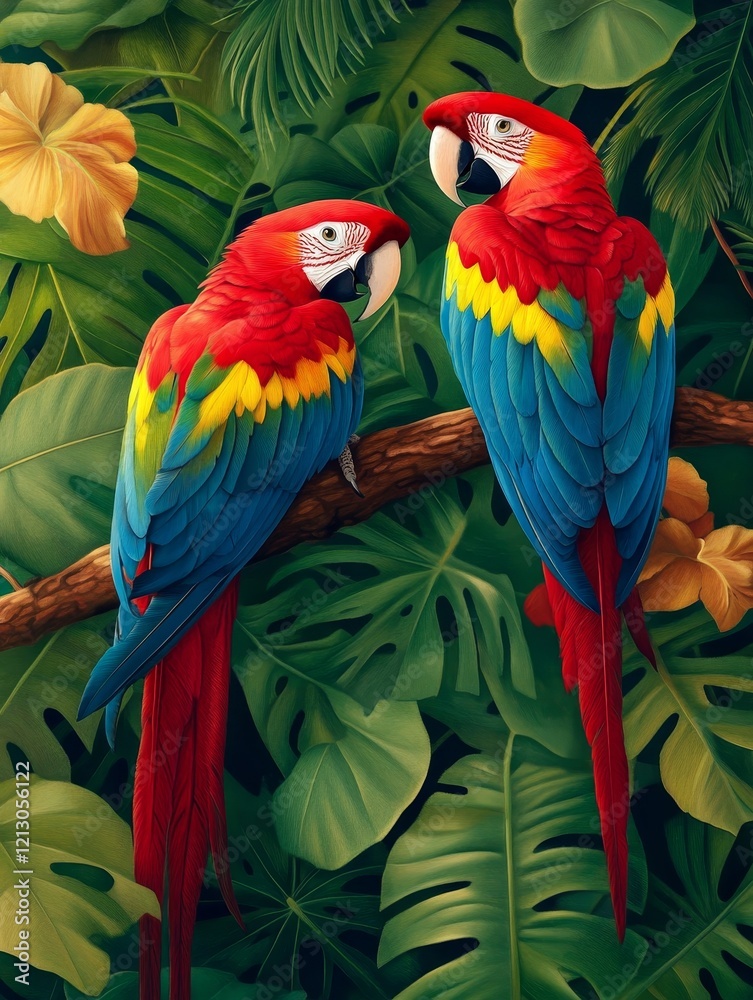 Fototapeta premium Tropical Macaw Pair in Lush Foliage - Two vibrant macaws perched on a branch amidst lush tropical leaves. A stunning display of color and nature.