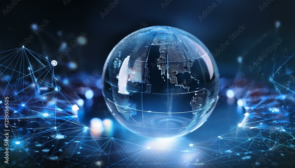 Obraz premium 맑은 유리구 안에 미니어처 지구본이 담겨 있고, 주위에는 디지털 기호와 네트워크 아이콘들이 떠다니는 장면