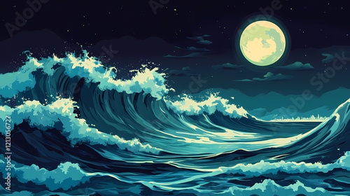 A serene night scene of crashing ocean waves illuminated by a bright full moon, creating a mystical atmosphere. Midnight Harbor. Illustration