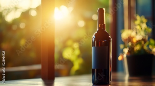 Wine Bottle on Wooden Table at Sunset - A bottle of wine rests on a wooden table, bathed in the warm glow of a setting sun.  It symbolizes relaxation, enjoyment, celebration, togetherness, and tranqui photo