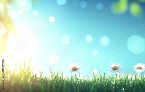 On a sunny day, a blurred spring scene captures the blooming chamomile in a glade, surrounded by trees against a blue sky