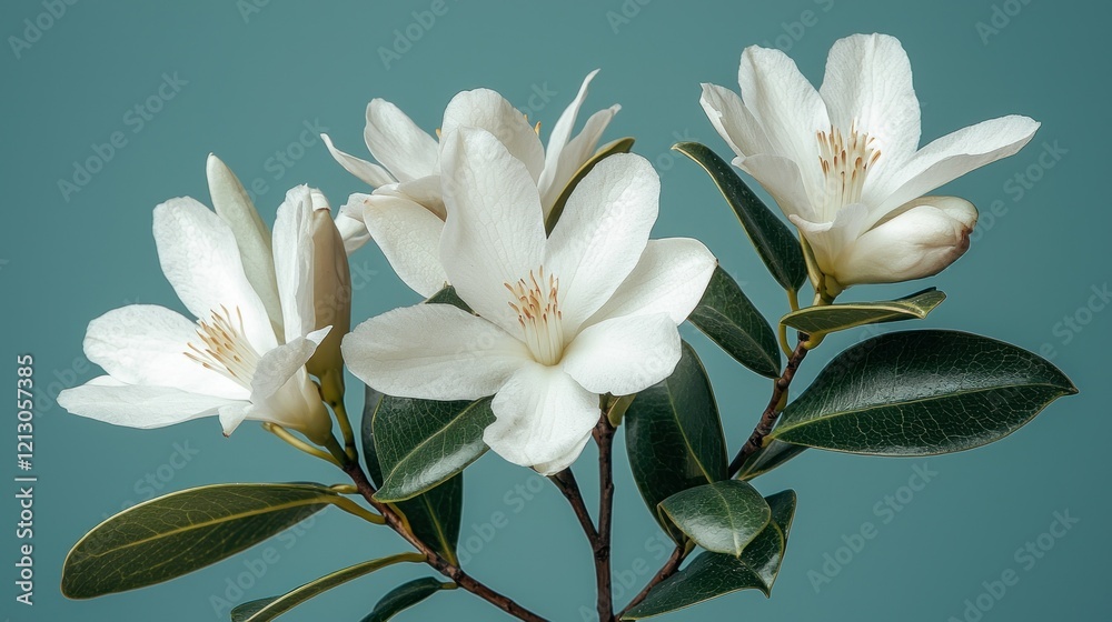 Fototapeta premium White magnolia blossoms and buds on branch, teal background.