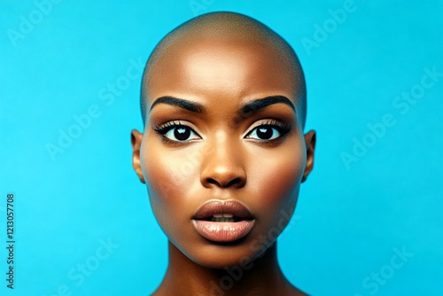 Short trim - bald head - no hair. Lovely very amazed black girl - for ads, marketing material and online promotion promotion use. Commercial marketing idea art. Bold black model portrait. photo