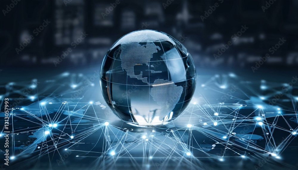 Obraz premium 맑은 유리구 안에 미니어처 지구본이 담겨 있고, 주위에는 디지털 기호와 네트워크 아이콘들이 떠다니는 장면