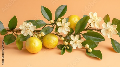 A calamansi branch with fruits and flowers, styled with raffia ribbons, isolated on a soft pastel orange background