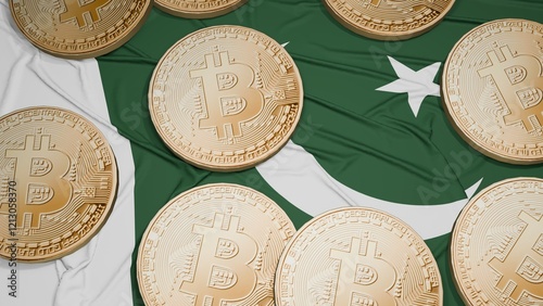 Several bitcoins are laid out on the flag of Pakistan