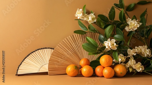 A calamansi plant displayed with traditional woven fans and floral garlands, isolated on a warm sandy background