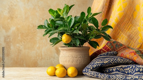 A calamansi plant in a traditional earthen pot, surrounded by colorful woven fabrics, isolated on a textured beige surface photo