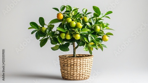 A calamansi plant in full bloom with a woven basket base, styled with tropical decor, isolated on a white background photo