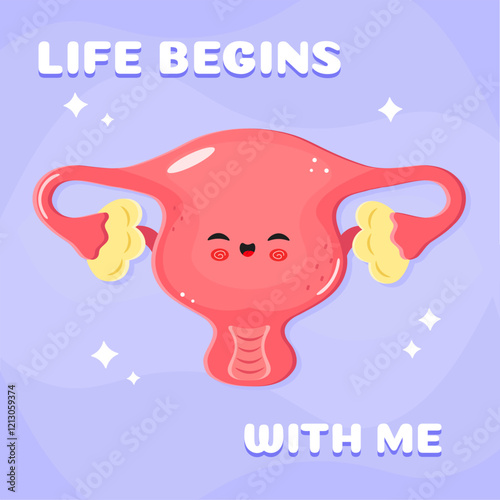 Cute Uterus illustration with Life begins with me text on purple background