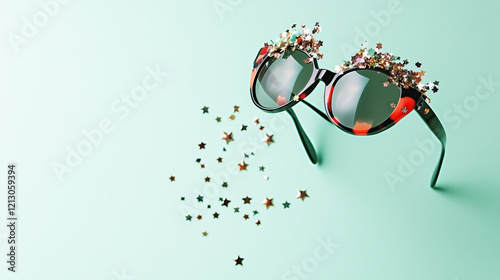 A pair of chic carnival sunglasses adorned with sparkling star confetti, set against a soft mint green background, radiating playful elegance and celebration. photo