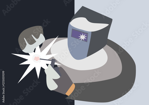 Welding work. Vector illustration of welder working with welding torch.