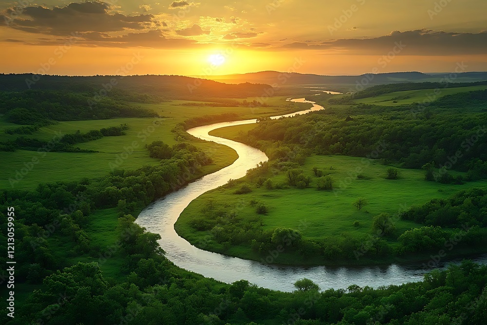 Serene sunset over a winding river flowing through lush green meadows and forests. Serene sunset over a winding river flowing through lush green meadows and forests.