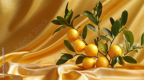 A calamansi plant with golden-hued fruits, styled with gold accents and silk fabric, isolated on a gradient gold background photo