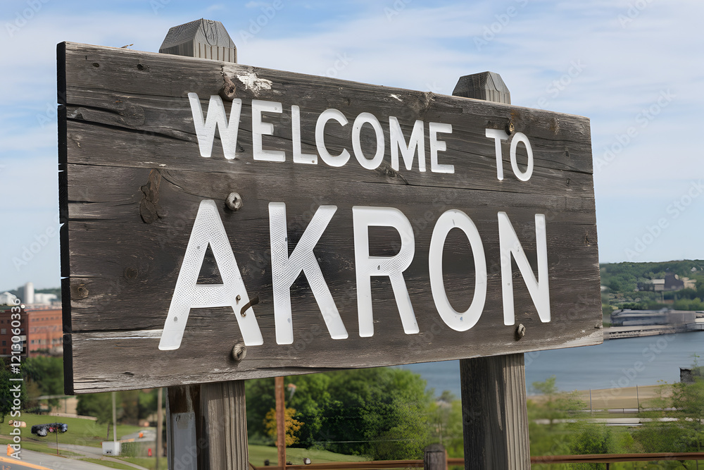 Obraz premium Welcome to Akron Ohio Wooden Sign with Rustic Charm and State Pride in United States