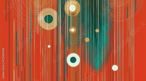 A vibrant abstract composition featuring teal and gold feathers against a bold red background, accented with dynamic linear and circular elements, evoking energy and modern carnival elegance. photo