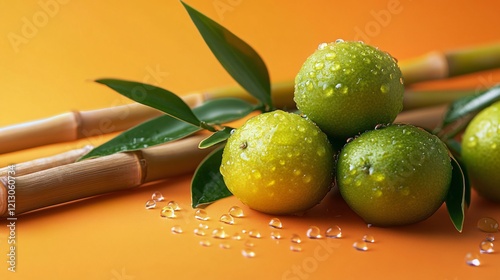 A close up of calamansi fruits with droplets of water, arranged with bamboo shoots, isolated on a gradient orange background